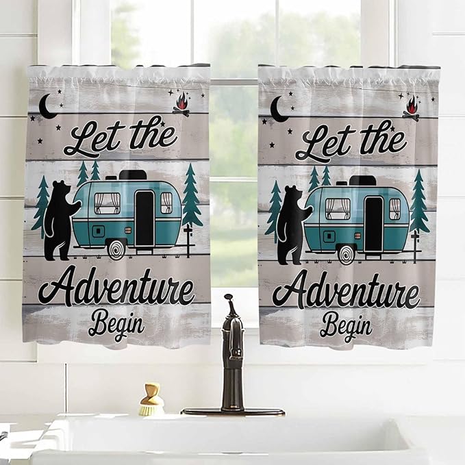 Farmhouse Bear Camper Van Tree Window Valance Curtains, Vintage Wood Grain - Image 2