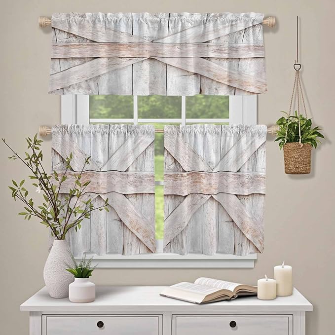 Kitchen Window Curtains Valance and Tier Set, Farmhouse Retro Wooden Barn Rod - Image 4