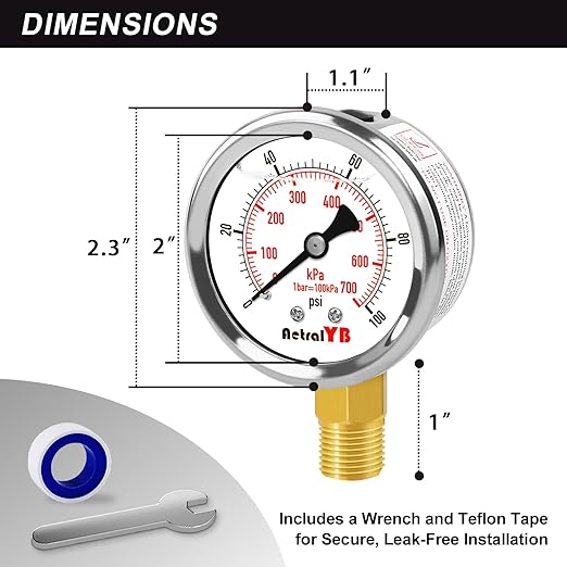 0-100 Psi 2-inch Pressure Gauge, Glycerin Filled, 1/4" NPT Lower Mount - Image 3