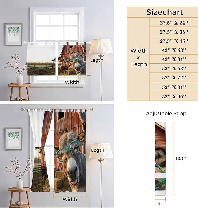 Farm Donkeys Bathroom Curtains 63 Inch Length, Window Curtains Tab Top - Image 8