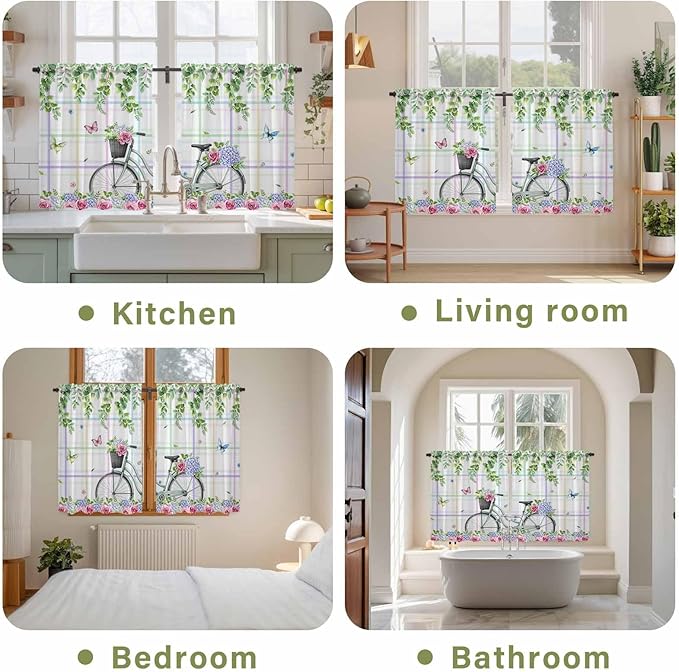 Spring Kitchen Curtains, Bicycles Botanical Leaves Rose Colorful Stripes Light - Image 8