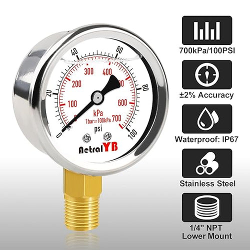 0-100 Psi 2-inch Pressure Gauge, Glycerin Filled, 1/4" NPT Lower Mount - Image 2