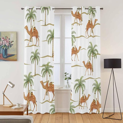 2 Panel Kitchen Cafe Curtains, Desert Camels Sunlight Filtering Nature Air - Image 2