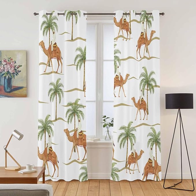 2 Panel Kitchen Cafe Curtains, Desert Camels Sunlight Filtering Nature Air - Image 2