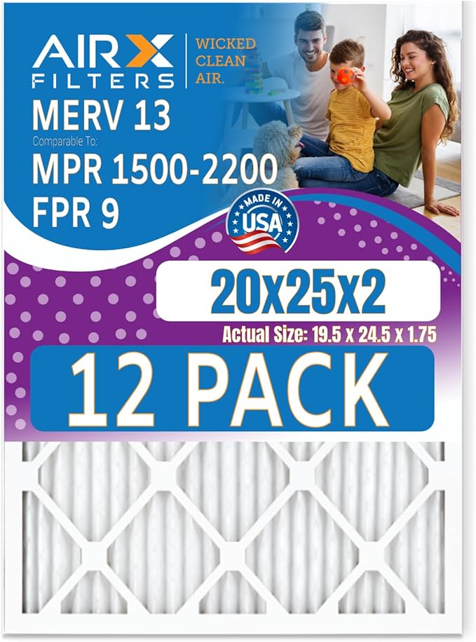 20x25x2 Air Filter MERV 13 Rating, 12 Pack of Furnace Filters Comparable to MPR by AIRXFILTERSWICKEDCLEANAIR