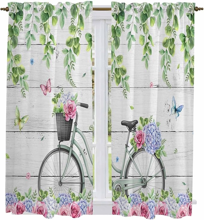 Spring Kitchen Curtains, Bicycles Botanical Rose Leaves Butterfly Wood Grain by Unknown
