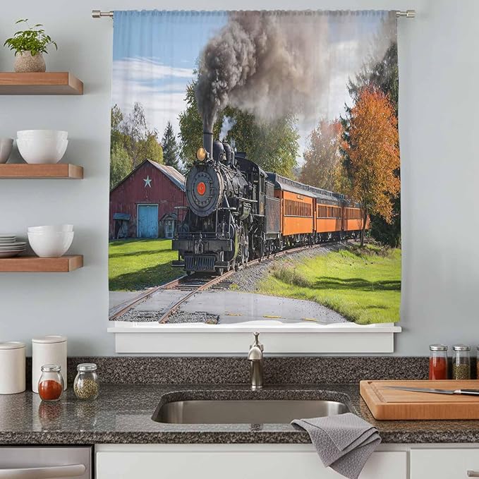 Steam Train Sheer Curtains 63 Inch Length Railroad Country Barn Rustic Trees - Image 8