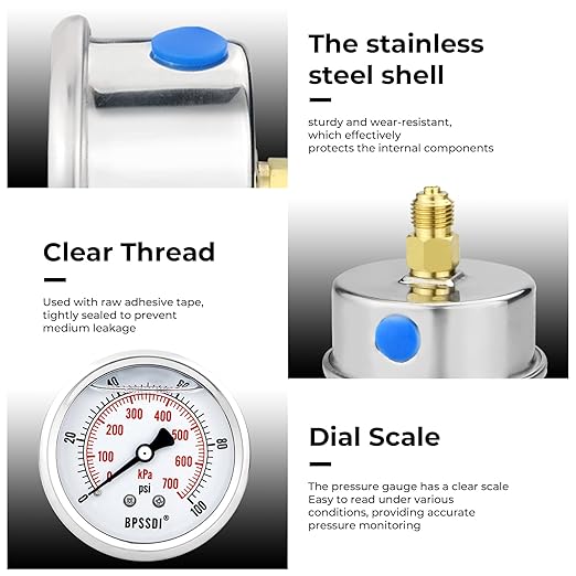0-100Psi Glycerin Liquid Filled Low Pressure Gauge, 2.5" Dial Size, 1/4" G Back - Image 7