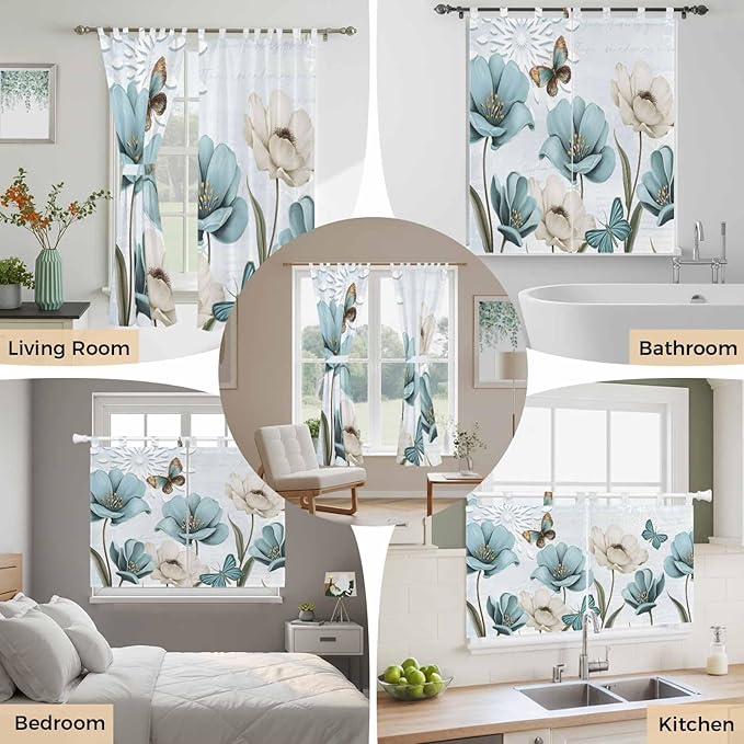 Blue Tulips Kitchen Curtains 24 Inch Length, Small Window Curtains Tab Top - Image 7
