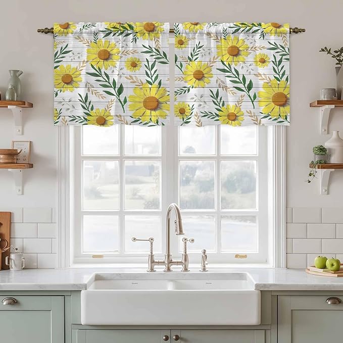 Yellow Daisy Tier Curtains, Farmhouse Country Flower Leaf Plant Wood Grain - Image 2