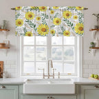 Yellow Daisy Tier Curtains, Farmhouse Country Flower Leaf Plant Wood Grain - Image 2