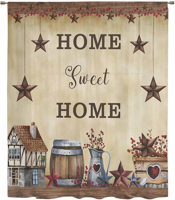 Farm Sheer Curtains 63 Inch Length American Country Barn Star Vintage Berry - Image 6