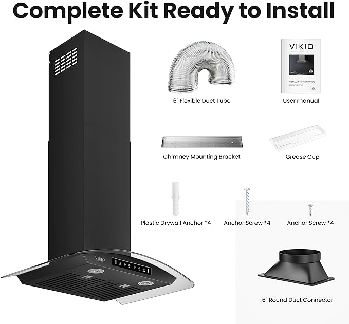 Black 30 inch Wall Mounted Range Hood Glass 900 CFM, Stainless Steel Kitchen - Image 7