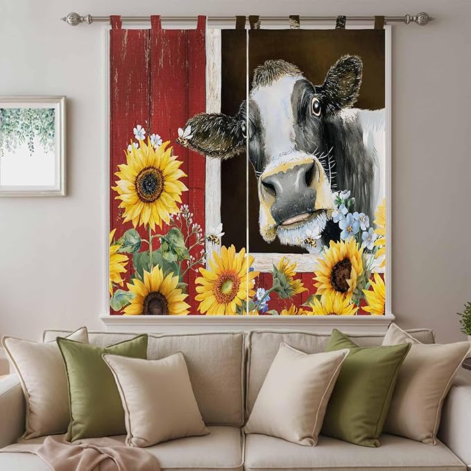 Cows Sunflowers Bedroom Curtains 72 Inch Length, Window Curtains Tab Top - Image 9