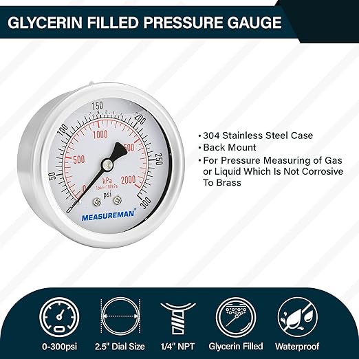 MEASUREMAN 2-1/2 inch Dial Size, Liquid Filled Pressure Gauge, 0-300psi/2000kpa - Image 2