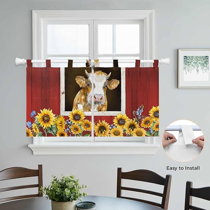 Cows Sunflowers Kitchen Curtains 24 Inch Length, Small Window Curtains Tab Top - Image 4