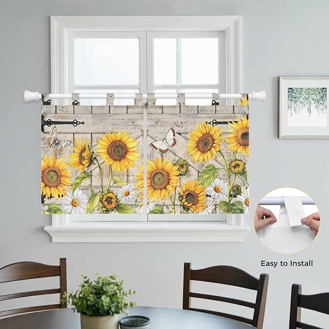 Farm Flowers Kitchen Curtains 36 Inch Length, Small Window Curtains Tab Top - Image 4