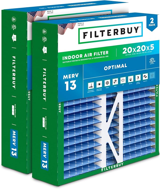 Filterbuy 20x20x5 Air Filter MERV 13 Optimal Smoke & Allergy Defense, Pleated by Filterbuy