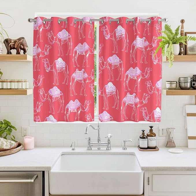 2 Panel Kitchen Cafe Curtains, Desert Camel Sunlight Filtering Nature Air - Image 2