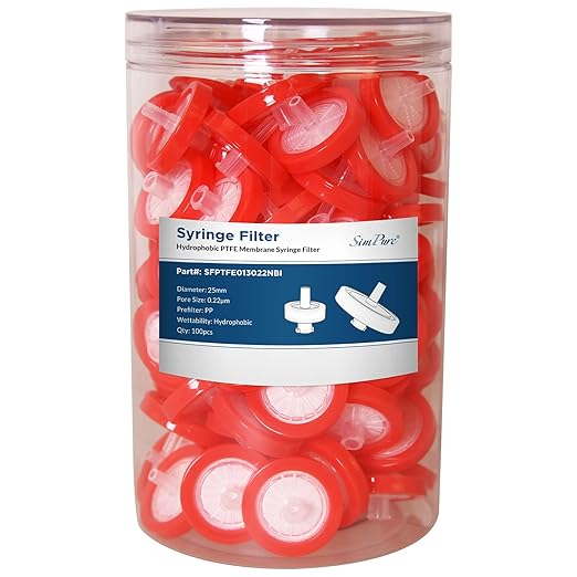 SimPure Syringe Filter PTFE 200 PCS Hydrophobic Membrane, 25mm Disc Diameter by SimPure_Water