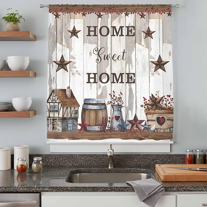 Farmhouse Sheer Curtains 96 Inch Length Retro Country Star Berry Vintage Wood - Image 8