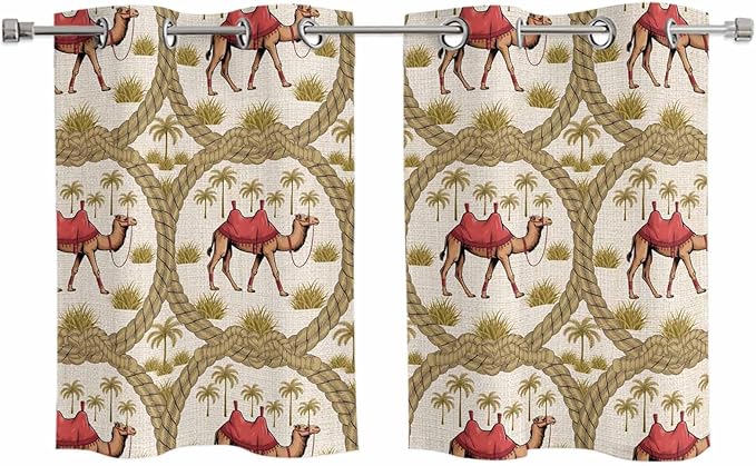 2 Panel Kitchen Cafe Curtains, Camels Palm Trees Sunlight Filtering Nature Air by Hokiten