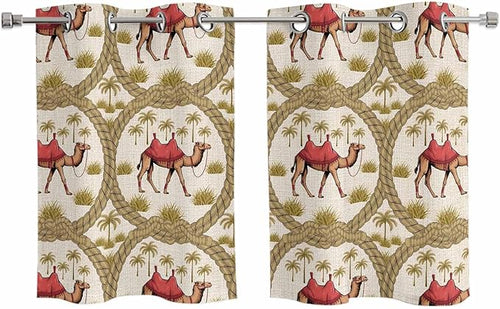 2 Panel Kitchen Cafe Curtains, Camels Palm Trees Sunlight Filtering Nature Air by Hokiten