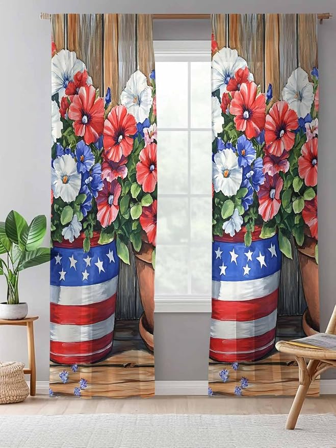 Sheer Curtains 84 Inches Long, Retro Independence Day Flag Wood Grain Privacy - Image 5