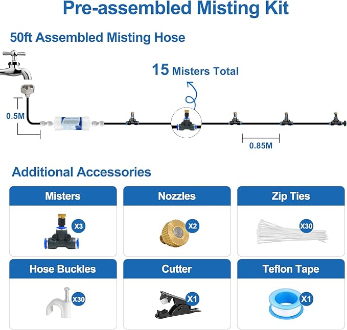Pre-Assembled Misters for Outside Patio, Outdoor Misting Cooling System w Filter - Image 3
