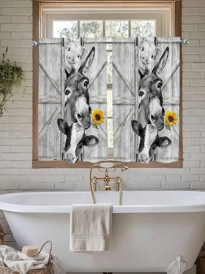Grey Farmhouse Kitchen Curtains 54 Inches Length, Vintage Sunflowers Animals - Image 7