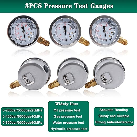 SINOCMP Hydraulic Pressure Test Kit, 3 Pressure Gauges 25Mpa/40Mpa/60Mpa 6 Test - Image 3