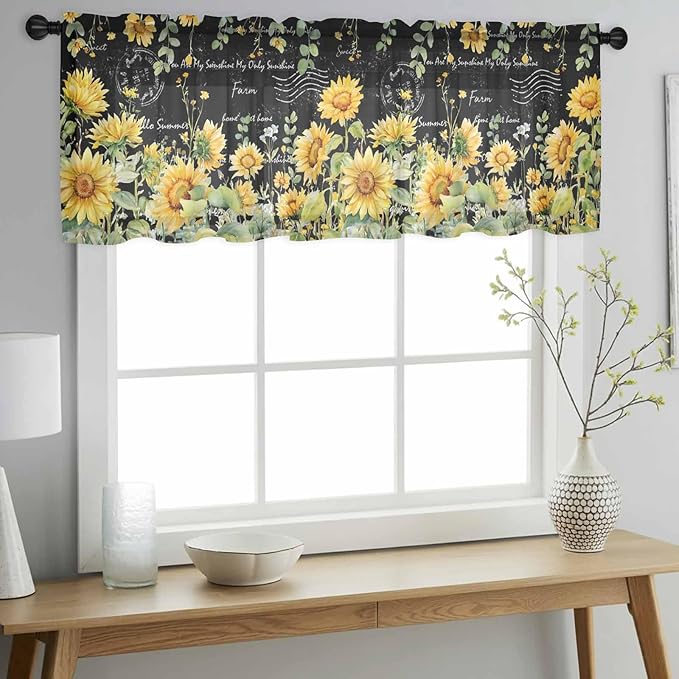 Summer Floral Sheer Valance Curtains, Watercolor Sunflower Eucalyptus Leaves - Image 3