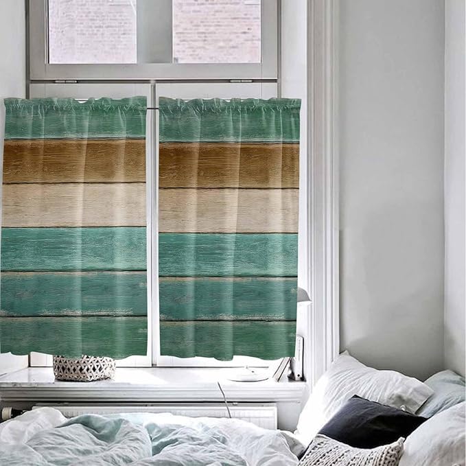 Vintage Plank Turquoise Brown Window Valance Curtains, Farmhouse Wood Grain - Image 7