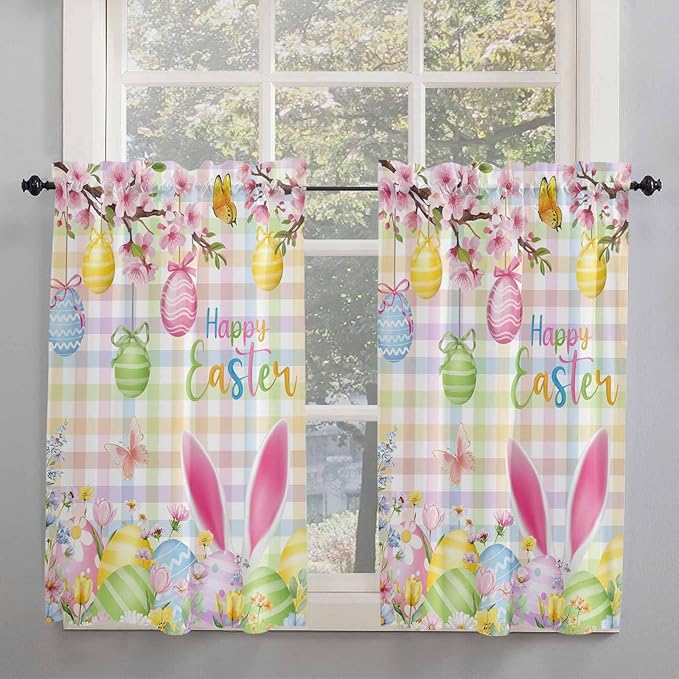 Happy Easter Tier Curtains 45 Inches Long, Spring Bunny Colorful Eggs Flower - Image 2