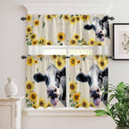Kitchen Curtains Tiers and Valance Set of 3, Cow Sunflowers Light Filtering - Image 2