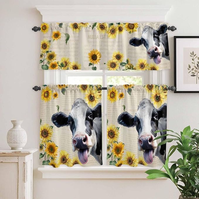 Kitchen Curtains Tiers and Valance Set of 3, Cow Sunflowers Light Filtering - Image 2