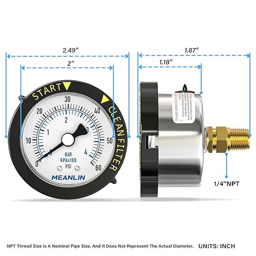 MEANLIN MEASURE 0~60Psi Stainless Steel Start and Clean Filter Pressure Gauge - Image 2