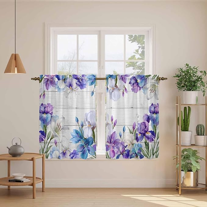 Spring Flowers Kitchen Curtains, Watercolor Garden Florals Wooden Grain Light - Image 3