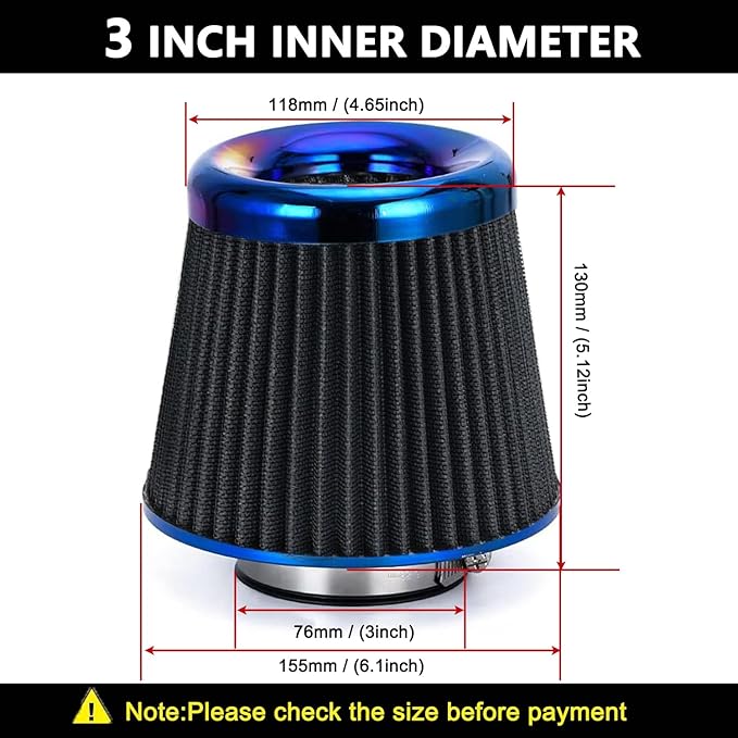Cold Air Intake Filter, High Performance, Washable Filter, Clamp-On Replacement - Image 2