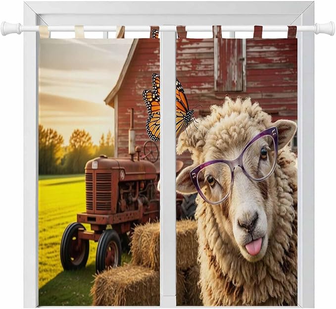 Farm Sheep Bathroom Curtains 63 Inch Length, Window Curtains Tab Top, Farmhouse by Unknown