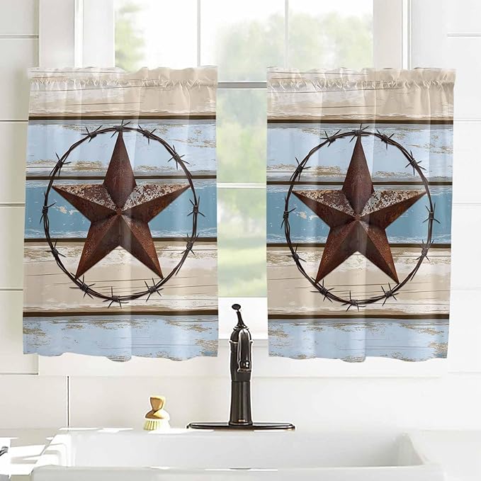 Vintage Western Star on Wood Grain Window Valance Curtains, Retro Wooden - Image 8