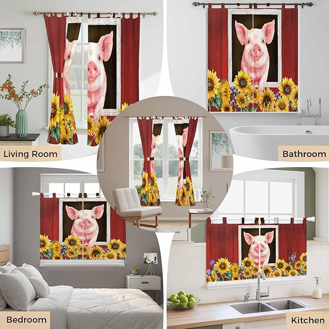 Pigs Sunflowers Kitchen Curtains 36 Inch Length, Small Window Curtains Tab Top - Image 7