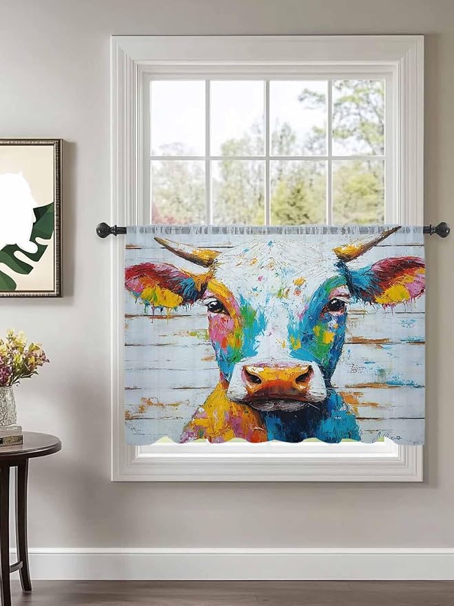 Sheer Curtains 45 Inch Length, Funny Colorful Cow Semi Sheer Curtains Light - Image 2