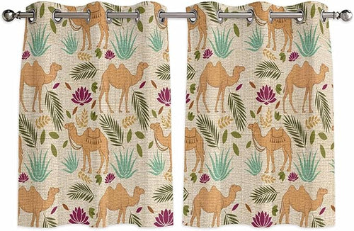 2 Panel Kitchen Cafe Curtains, Desert Camels Sunlight Filtering Nature Air by Hokiten