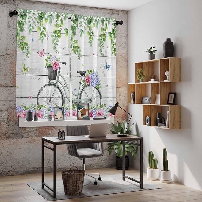 Spring Kitchen Curtains, Bicycles Botanical Rose Leaves Butterfly Wood Grain - Image 6