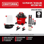 CRAFTSMAN CMXEVBE18695 16 Gallon 6.5 Peak HP Wet Dry Vac, Heavy-Duty Shop - Image 3