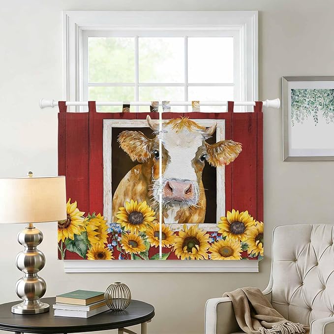 Cows Sunflowers Kitchen Curtains 45 Inch Length, Short Cafe Window Curtains Tab - Image 2