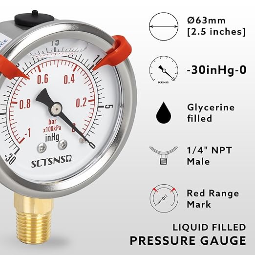 -30 inHg to 0 Vacuum Pressure Gauge, Glycerin Liquid Filled, 2.5 inch Dial - Image 2