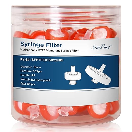SimPure Syringe Filter PTFE Hydrophobic Membrane 100 PCS, 0.22um Pore Size by SimPure_Water