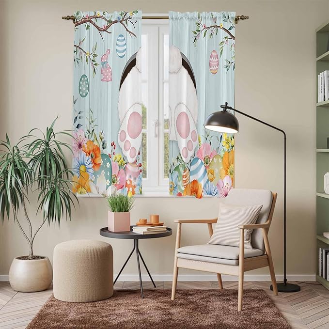 Easter Bunny Window Curtains 63 Inch Long 2 Panel Set, Rod Pocket Bedroom - Image 7